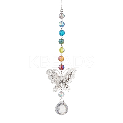 Chakra Glass Beads & Brass Butterfly Hanging Suncatchers HJEW-JM04683-1