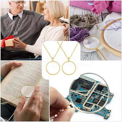 2Pcs Flat Round 5X Magnifying Glass Pendant Necklaces NJEW-SP0001-03G-1