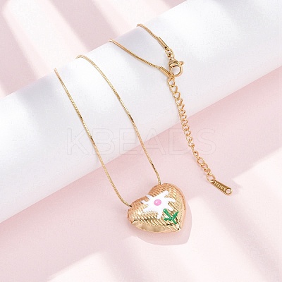 304 Stainless Steel Enamel Heart with Flower Pendant Necklaces for Women NJEW-D347-01G-02-1