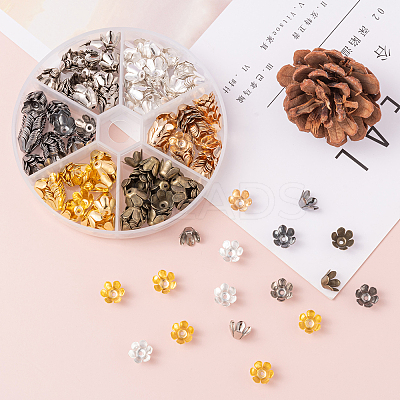 300Pcs 6 Colors 6-Petal Iron Bead Caps IFIN-CJ0001-67-1