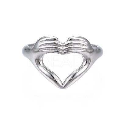 Non-Tarnish 304 Stainless Steel Heart Gesture Open Cuff Ring for Women RJEW-S405-260P-1