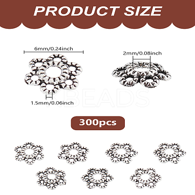 300Pcs 6-Petal Tibetan Style Alloy Hollow Flower Bead Caps FIND-LP0003-14-1