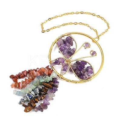 Butterfly Brass & Natural Amethyst Pendant Decorations HJEW-Z007-04G-06-1