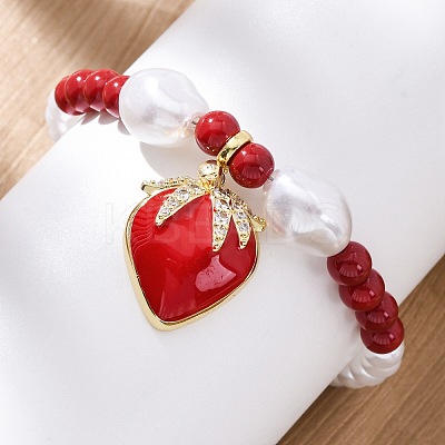 Strawberry Brass Micro Pave Clear Cubic Zirconia Charm Bracelets BJEW-G740-04G-1