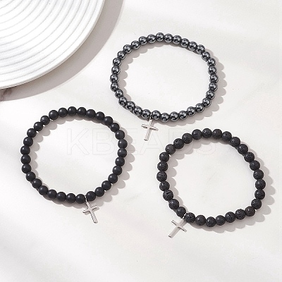 3Pcs Natural & Synthetic Mixed Gemstone Beads Stretch Bracelets BJEW-JB13252-1