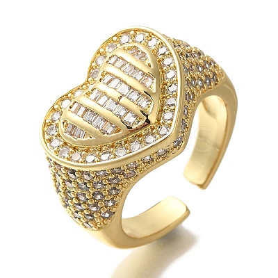 Rack Plating Heart Brass Clear Cubic Zirconia Wide Open Cuff Rings RJEW-S411-12G-02-1