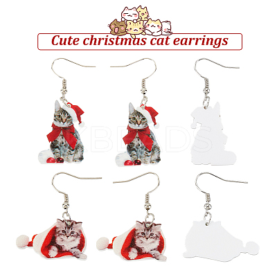 2 Pairs 2 Style Christmas Hat with Cat Acrylic Dangle Earrings EJEW-AN0002-37-1