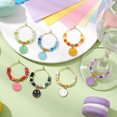 7Pcs Alloy Enamel Flat Round with Smiling Face Charms Wine Glass Charms HJEW-JM02501-1