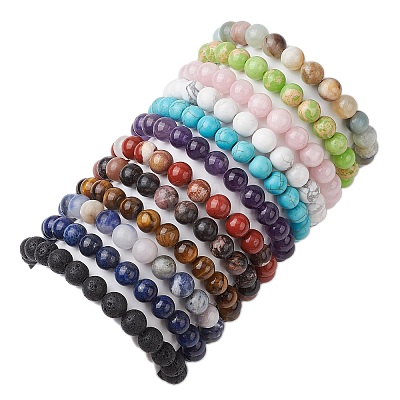 12Pcs 12 Styles Natural & Synthetic Gemstone Round Beaded Stretch Bracelets for Women Men BJEW-JB11367-1