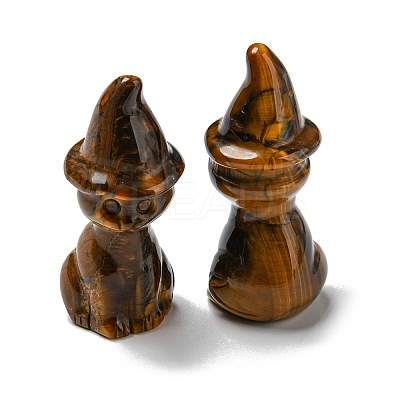 Natural Tiger Eye Carved Healing Cat with Witch Hat Figurines DJEW-D012-07B-1