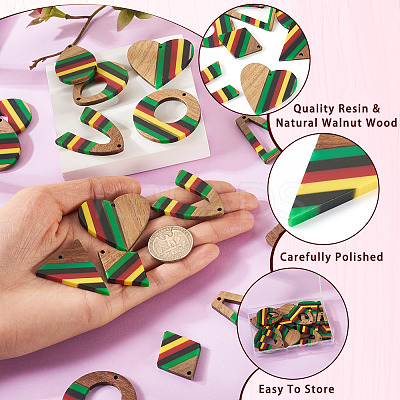 18Pcs 9 Styles Jamaican Colour Epoxy Resin & Walnut Wood Pendants RESI-TA0003-87-1
