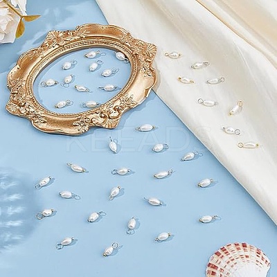 60Pcs 2 Colors Natural Cultured Freshwater Pearl Round Charms with Brass Loops PALLOY-HS00005-1