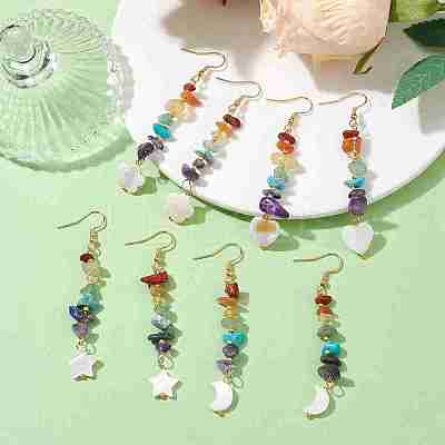Natural & Synthetic Mixed Gemstone Chips & Shell Dangle Earrings EJEW-JE05597-1