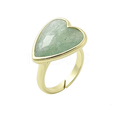 Heart Brass Natural Green Strawberry Quartz  Finger Rings RJEW-D304-01G-C-1