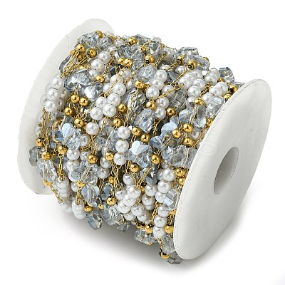 10M Ion Plating(IP) 304 Stainless Steel & ABS Plastic Pearl Bead & Butterfly Glass Link Chains CHS-G035-04G-02-1