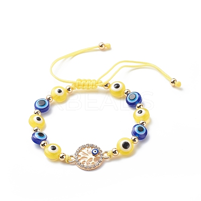 Evil Eye Resin Bead & Flat Round with Tree of Life Alloy Rhinestone Braided Beaded Bracelets for Girl Women BJEW-JB08740-04-1