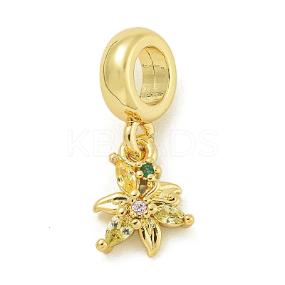 Rack Plating Brass Pave Colorful Cubic Zirconia Flower European Dangle Charms KK-Z067-34G-1