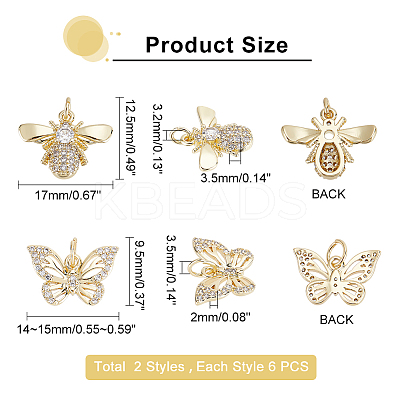 12Pcs 2 Style Brass Micro Pave Clear Cubic Zirconia Charms KK-DC0001-90-1