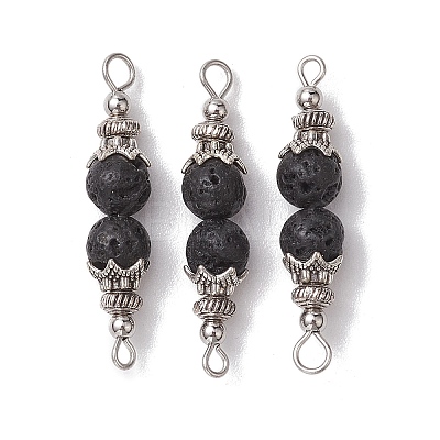10Pcs Natural Lava Rock Round Beaded Connector Charms PALLOY-JF02715-S-1