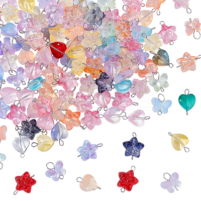 120Pcs 3 Styles Gradient Color Baking Paint Transparent Glass Star & Heart & Butterfly Connector Charms PALLOY-AR00030-1