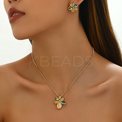 Flower Brass & Cubic Zirconia & Cat Eye Pendant Necklaces & Stud Earrings Sets FS-WG756F6-01-1