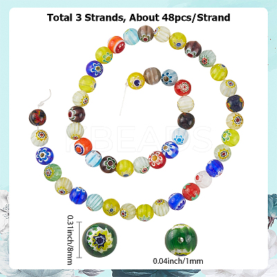 3 Strands Handmade Millefiori Glass Round Bead Strands LAMP-LT0001-16C-1