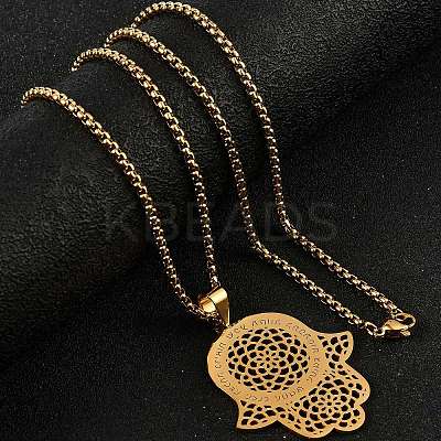 201 Stainless Steel Hollow Religion Hamsa Hand Pendant Necklaces NJEW-M086-01G-1