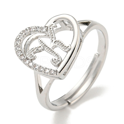 Heart with Letter Rack Plating Brass Micro Pave Cubic Zirconia Adjustable Rings for Women RJEW-I105-06P-K-1