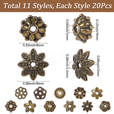 220Pcs 11 Styles Alloy Fancy Bead Caps TIBE-SP0001-19-1
