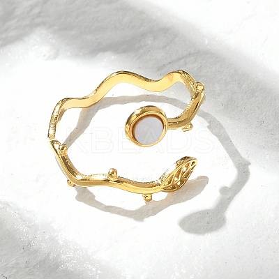 Leaf & Flat Round 304 Stainless Steel White Shell Cuff Rings for Women RJEW-G346-01G-02-1