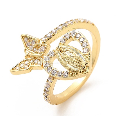 Clear Cubic Zirconia Heart Virgin Mary with Butterfly Open Cuff Ring RJEW-E064-05G-1