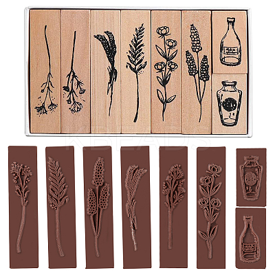 Plants and Flowers Style Wooden Rubber Stamps DIY-GF0001-30-1
