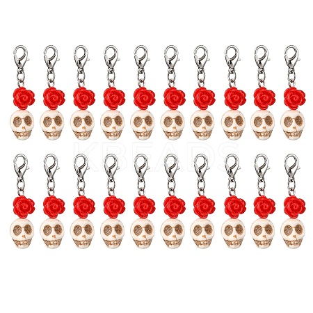 Skull Synthetic Turquoise & Resin Rose Pendant Decorations HJEW-JM03998-1