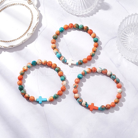 3Pcs 3 Colors Dyed Synthetic Ocean White Jade & Turquoise Beaded Stretch Bracelets for Men Women BJEW-JB12372-1