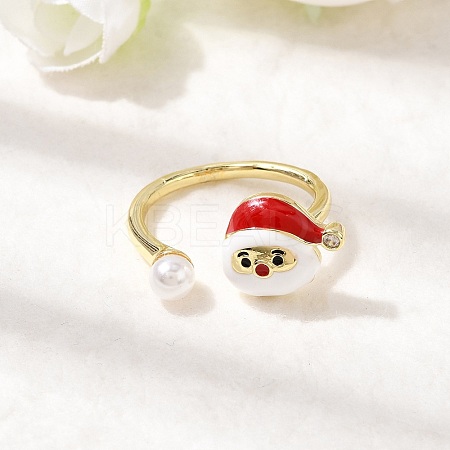 Christmas Brass Micro Pave Cubic Zirconia Enamel Cuff Rings for Women RJEW-L336-02G-1