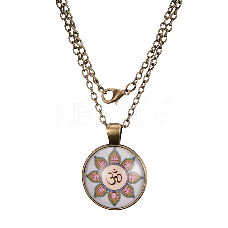 Flat Round with India Yoga Glass Alloy Pendant Necklaces X-NJEW-N0051-050D-01-1