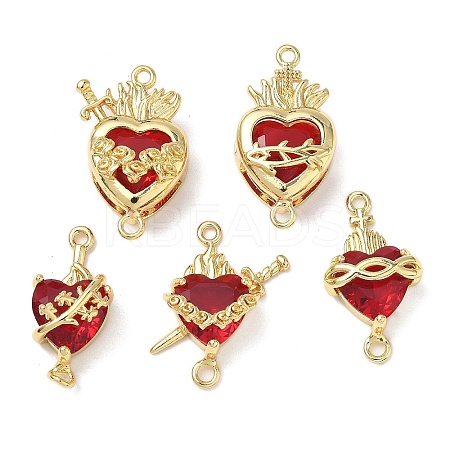 Brass with Glass Dark Red Sacred Heart Connector Charms KK-L253-27G-1