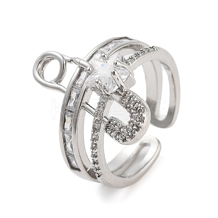 Rack Plating Brass Micro Pave Cubic Zirconia Paper Clip Open Cuff Rings for Women RJEW-C080-02P-1