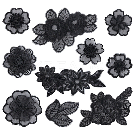 30Pcs 10 Style Flower/Leaf Organza Embroidery Sew on Appliques PATC-GF0001-28-1