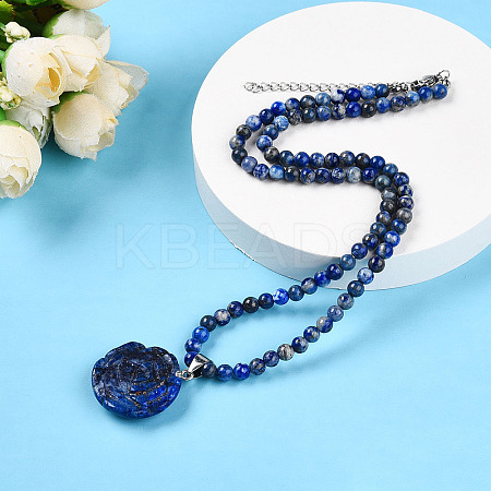 Natural Lapis Lazuli 4.5mm Round Beaded Flower Pendant Necklaces NJEW-T016-04C-1