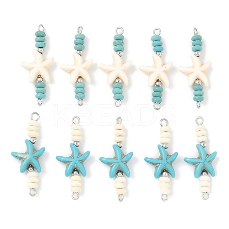 10Pcs 2 Colors Dyed Synthetic Turquoise Starfish Rondelle Beaded Connector Charms PALLOY-JF04014-1