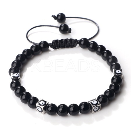 Trendy Ethnic Style Cube Evil Eye & Round Natural Black Onyx(Dyed & Heated) Beaded Stretch Bracelets PJ2289-1-1