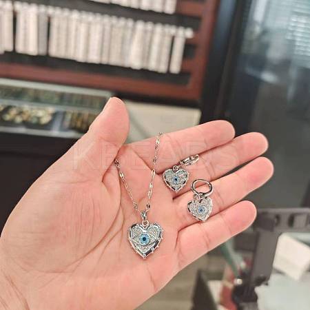 Heart with Eye Pattern 304 Stainless Steel Micro Pave Cubic Zirconia Pendant Necklace & Hoop Earrings Sets FS-WGB58AC-06-1