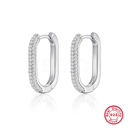 Anti-Tarnish Oval Rhodium Plated 925 Sterling Silver with Rhinestone Hoop Earrings IL6021-1-1