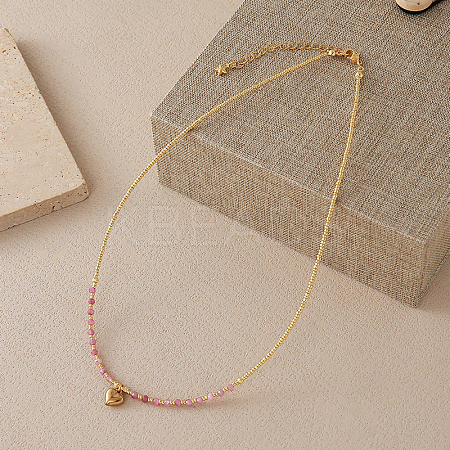 Stainless Steel Heart Pendant Faceted Round Natural Strawberry Quartz with Miyuki Beaded Necklaces UF0843-8-1
