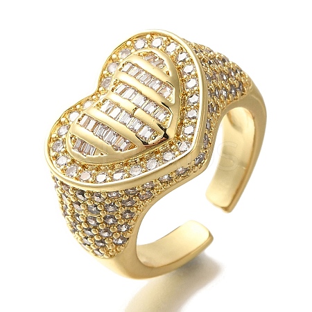 Rack Plating Heart Brass Clear Cubic Zirconia Wide Open Cuff Rings RJEW-S411-12G-02-1
