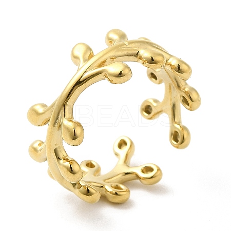 304 Stainless Steel Leafy Branch Open Cuff Ring for Women RJEW-I098-06G-1