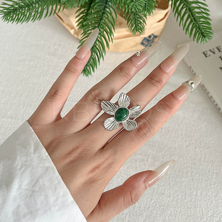 Natural Chalcedony 304 Stainless Steel Finger Rings FS-WGE331D-08-1