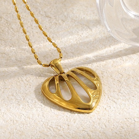 304 Stainless Steel & Natural White Shell Hollow Heart Pendant Necklaces for Women SA-CBAD22F-06G-1