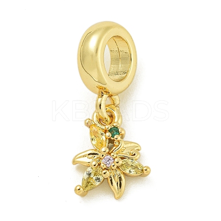 Rack Plating Brass Pave Colorful Cubic Zirconia Flower European Dangle Charms KK-Z067-34G-1